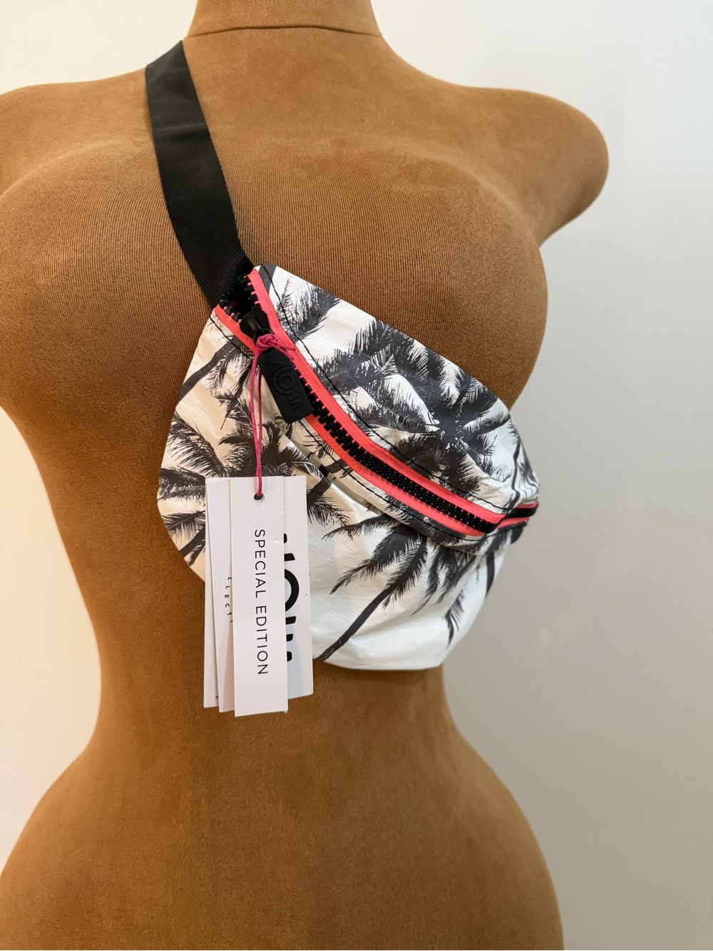 Special Edition NWT ALOHA Palm-Print Crossbody Belt Bag - White with Pink Trim